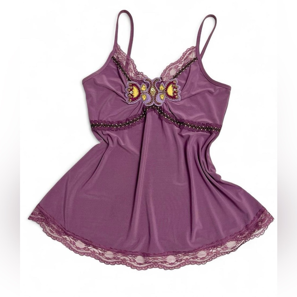Vintage America Lavender-Purple Lace Trim Chemise with Embroidered Accent